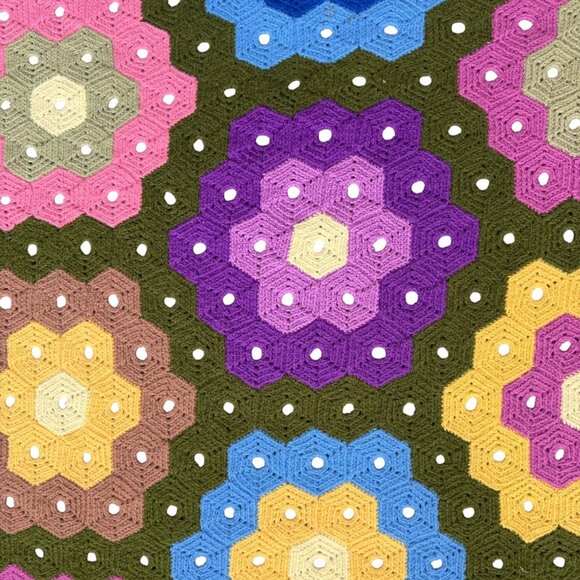 Handmade Crochet Multicolor Grandmother Flower Garden Quilt Throw Hexagon - Picture 3 of 5